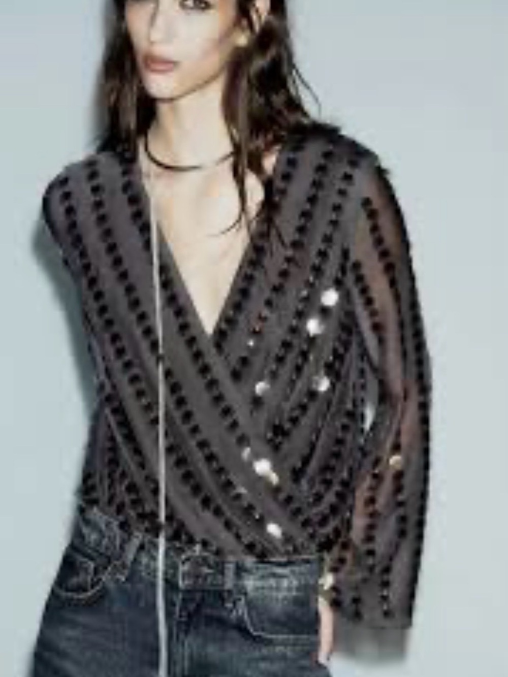 Zara Black Sheer Sequin Wrap Blouse